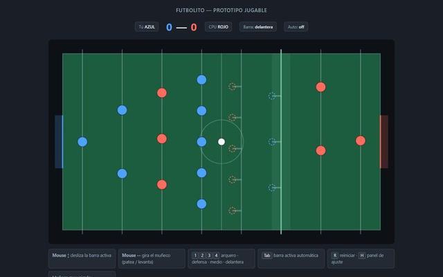 Futbolito: la mesa vista desde arriba con las barras azules y rojas, el marcador y la leyenda de controles