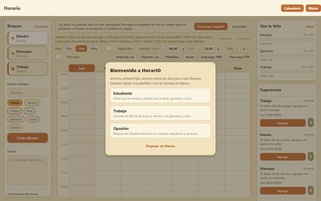 HorarIO: calendario semanal con bloques de estudio, trabajo y ejercicio, y un panel de metas por categoría